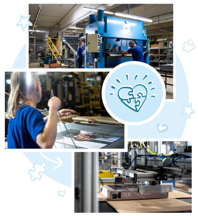 Our customers' personalised puzzles and games are die-cut one by one with precision knives and placed in a box prepared by the customer.