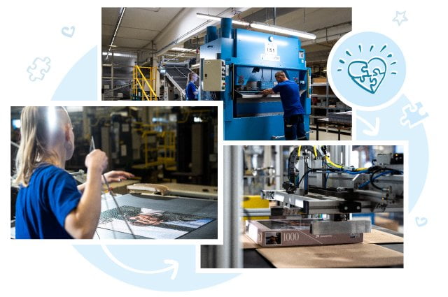 Our customers' personalised puzzles and games are die-cut one by one with precision knives and placed in a box prepared by the customer.